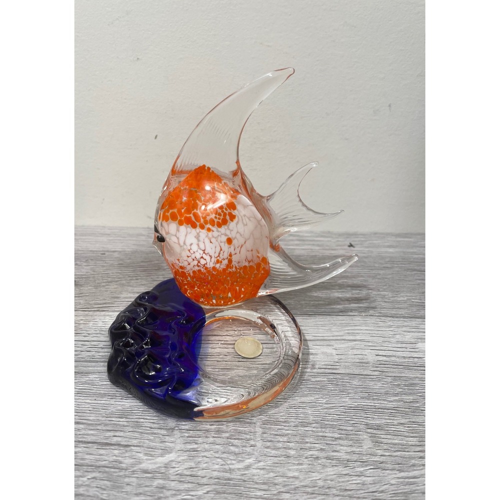 PartyLite Hand Blown Glass Fish Figurine Votive holder Orange White Cobalt Blue